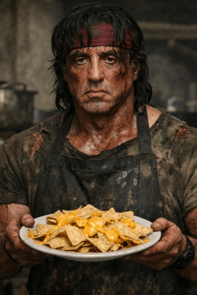 John Rambo holding a plate of nachos